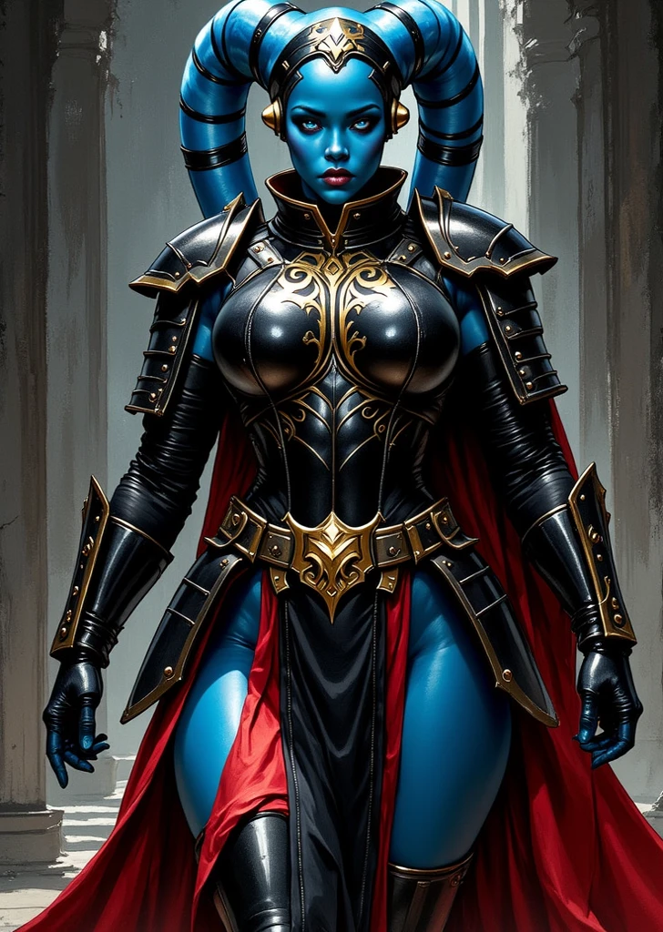 (Female Ghost Tender)、Demon Mask、Super Beauty、Blue Armor Solo Adult Devil Woman、Like the whole body、Big chest muscles and macho figure,Split abs,(Armed with a long and large spear)、Sexy mature big female ogre。Sturdy jaw(realisitic)、Stand facing the front、Blue Demon Armor、magnificent artwork、((Kyoto panel painting style))、Wind-effect:1.9、Cloud Effects:1.2、Full Rendering、Encaustic Painting、unrealengine、Fine armor patterns and decorations,A hyper-realistic,Armor details,超A high resolution,enticing,Entice your audience,blue skin,