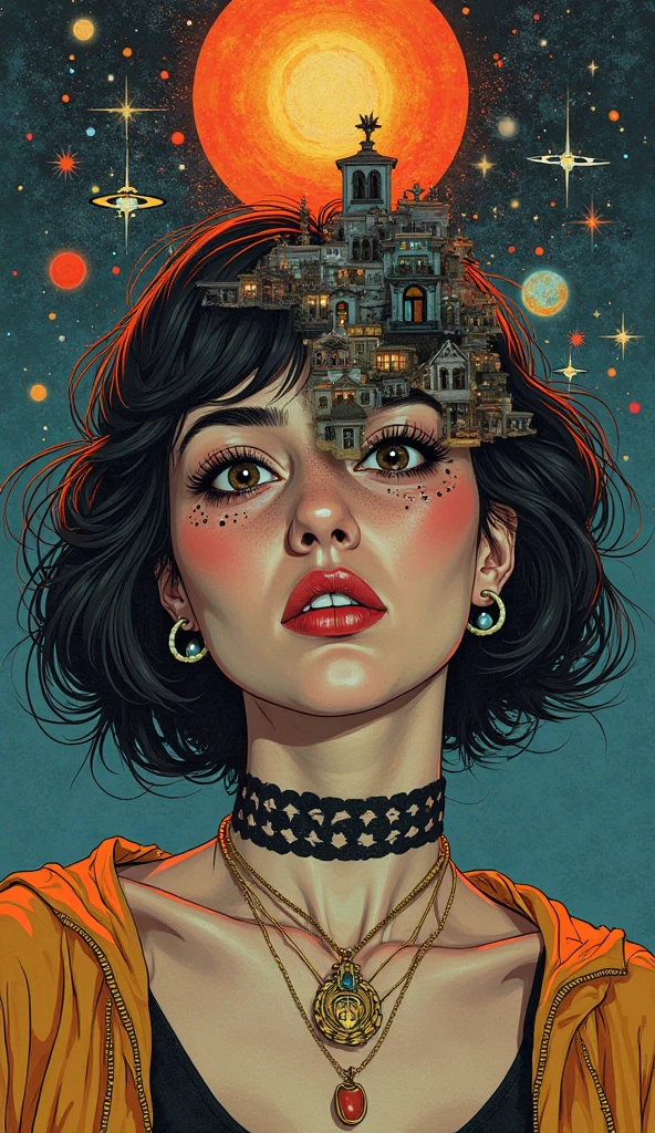 A mysterious person wearing a choker and a pendant, painted in the style of Picasso  close-up of a necklace thief who just broke into a jewelry store, drawn in a comic book style  portrait of a shy and secretive person who hides their face, done in charcoal sketch collage of different images that represent the person’s identity, such as their hobbies, interests, and dreams surreal scene where the person’s face is replaced by a galaxy, created with digital art ((sunshine over the body))