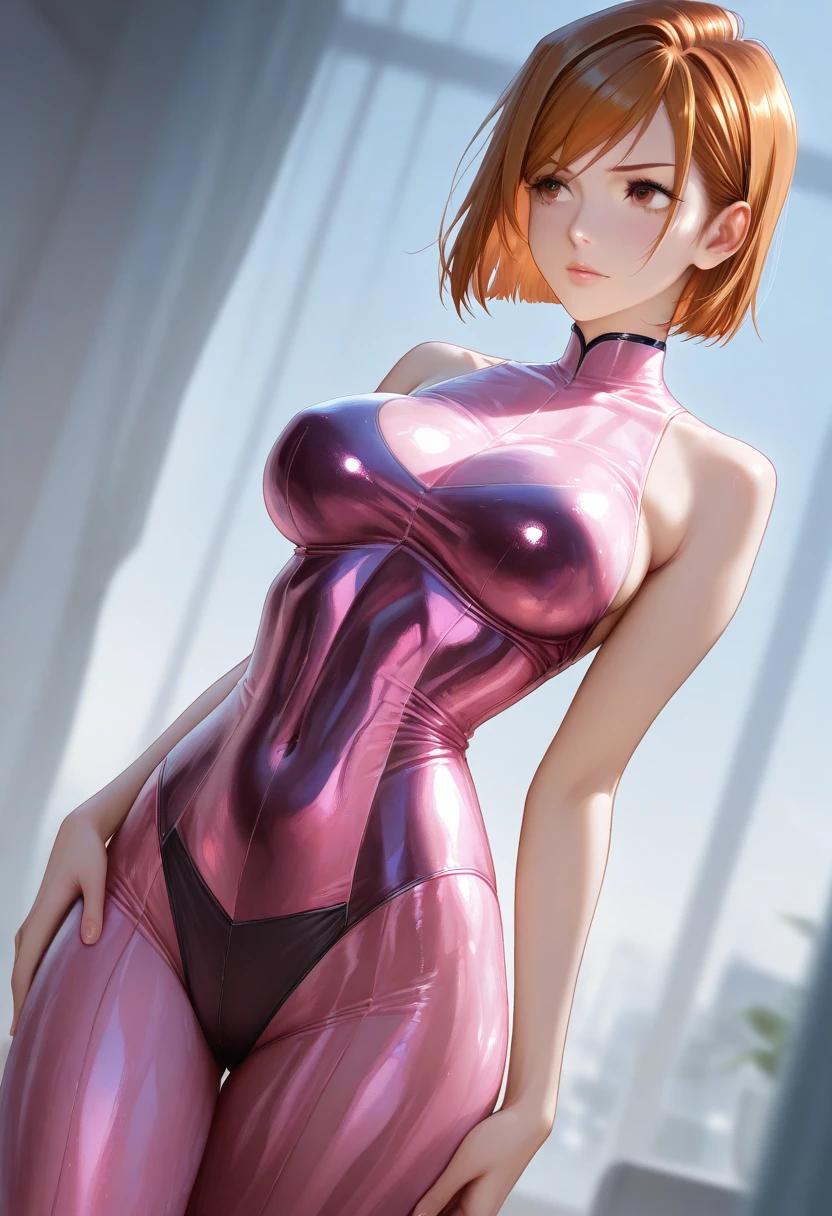 (masterpiece, best quality), 1girl, Medium orange Spiral Curls, Size D breasts, <lora:sukebei leotard:1> sukebei leotard, red sukebei leotard, bare legs, covered navel, covered nipples, cameltoe, sideboob