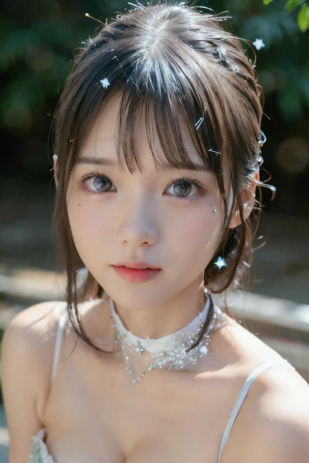 full body,full bodyショット、dress, 8k,masterpiece, top quality, 、Long face、Big Eyes、 troubled face、 slim、in trouble、、facing the front、flat body 、small breasts、cute、、, 1 girl、looking at the camera、face to face、pure white hair、glowing skin、((( GLITTER SKIN )))、、((super realistic details))、、Global Illumination、shadow、octane rendering、、、metal、 cold color、、very intricate details、Realistic Light、CGSoation Trend Beautiful Eyes 、eyes shining at the camera、drop shadow、、Sparkling Turquoise Eyes 、((Snowflakes))、、white background、Chain Choker