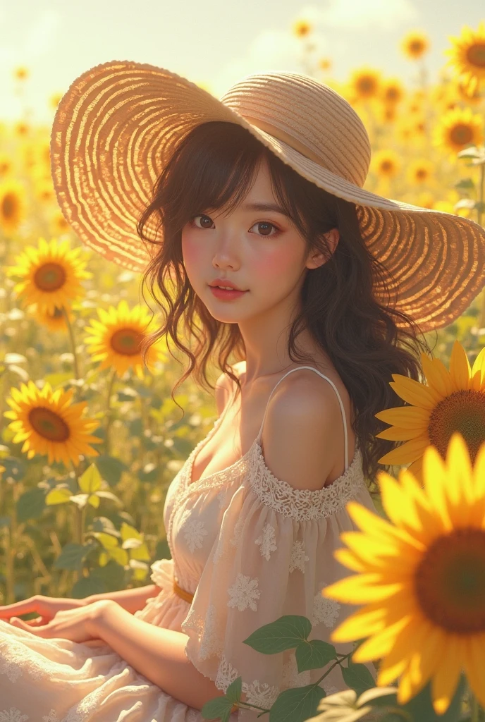 (Highly detailed CG Unity 16k wallpaper:1.1), (Noise reduction strength: 1.45), (tTabletop:1.37), ((A girl in a straw hat looking back in a sunflower field), (Best lighting, Best Shadow, Very delicate and beautiful), The girl in the center of the picture, Small breasts, ((Sunflowers with ultimate detail)), Beautifully detailed skies, Perfect body, (Beautifully detailed face), Very delicate and beautiful女の子, Sunflower fields at sunset, sunset, Black Hair, Beautifully detailed clouds, (((Highly detailed CG Unity 8k wallpaper, Ultra-, God&#39;s Rays, Spark of Light, Shining Light, Tabletop, Highest quality