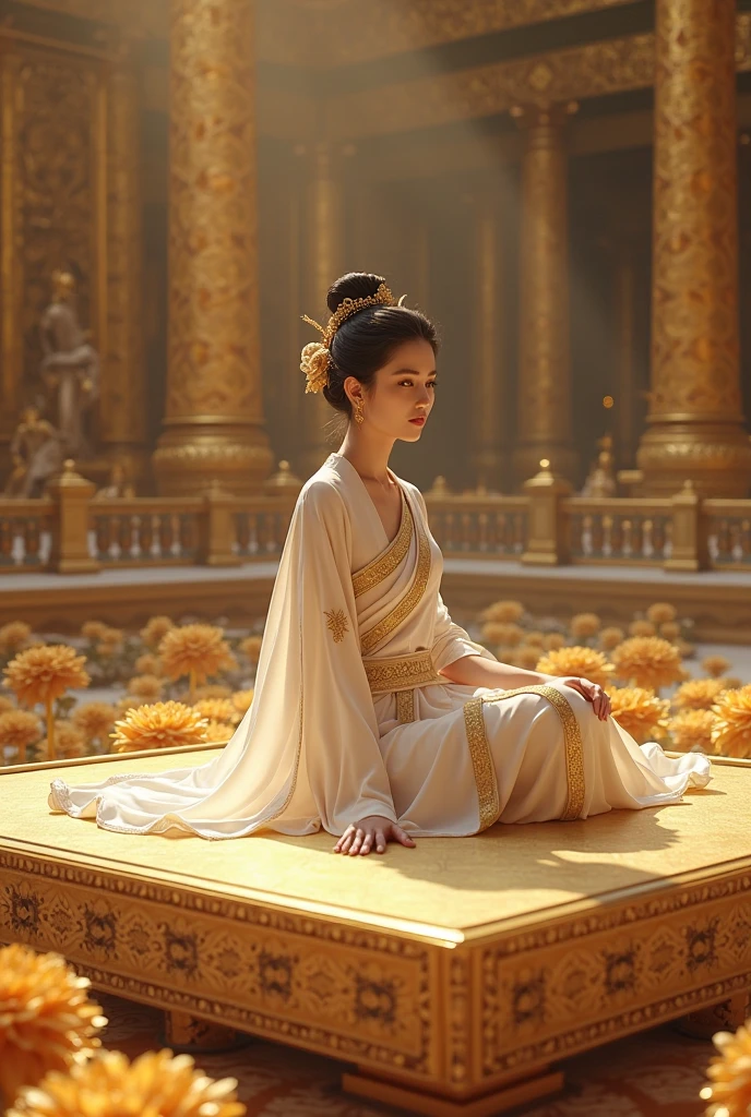 Myanmar queen [wearing gold and white thin Longyi and Htaingmathein, the burmese royal thin white coat which is cornered with the gold, Burmese royal gold ancient headband with gold flower] is comfort on the large gold rectangle table which is surrounded by golden flower in the heavenly palace, [top knot her black hair] [heavenly][milf]