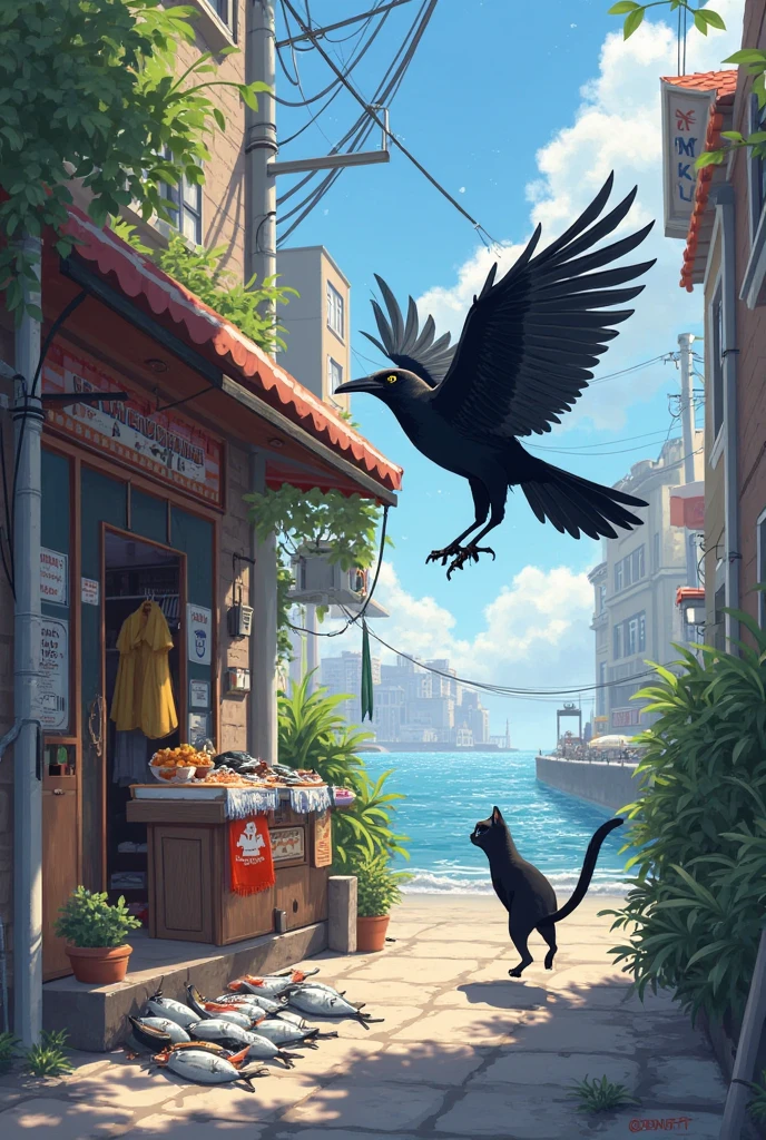 কাক উড়ে গেল এবং কিছুক্ষণ পর একটা মাছওয়ালার দোকানের সামনে কিছু পড়ে থাকা মাছ দেখতে পেল। সে তাড়াতাড়ি গিয়ে বিড়ালকে ডেকে নিয়ে গেল সেখানে।
