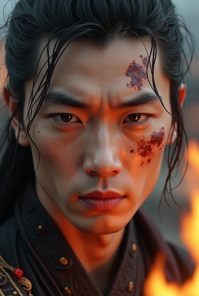 Ultra close-up portrait of a handsome Chinese male warrior, featuring a balanced, noble facial structure with naturally full cheeks and a youthful, strong appearance. His face has a healthy, smooth fullness — no sunken or gaunt features — with soft, natural facial volume that reflects strength and beauty even amid battle.

His skin has a lighter (fair white) tone, with refined smoothness, small, barely visible pores, and a slightly dewy finish under cinematic lighting. The overall texture feels lifelike but clean, avoiding roughness or exaggerated imperfections.

His intense expression blends calm composure with buried fury — slightly furrowed brows, firm lips, and deep steel-gray almond eyes, focused forward. Reflections of battlefield fire and silhouettes of chaos glimmer subtly in his pupils, adding emotional depth.

Signs of war appear with realism: a fine layer of sweat glistens on his skin, subtle dust and ash smudges, faint blood stains, and a few shallow, realistic cuts on his brow and cheek. Strands of his jet-black hair are loose and damp, clinging slightly to his face, adding tension and movement.

Lighting: Cinematic and dramatic — warm directional light from fire flickers on his features, contrasted by soft ambient shadows that contour his full cheeks and defined jaw.
Cinematic Detail: Rich film grain, HDR rendering, high visual fidelity capturing every subtle texture and light interplay, without over-sharpening.

Camera: Extreme close-up, tightly framed on the face only — no armor or background, just raw emotion and fine detail.

Style Tags: Handsome Chinese male, full youthful cheeks, smooth fair skin, dark fantasy realism, cinematic ultra close-up
Rendering: 8K resolution, hyperrealistic clarity with controlled skin detail
Post-processing: Subtle film grain, moody cinematic color grading, HDR tone balance