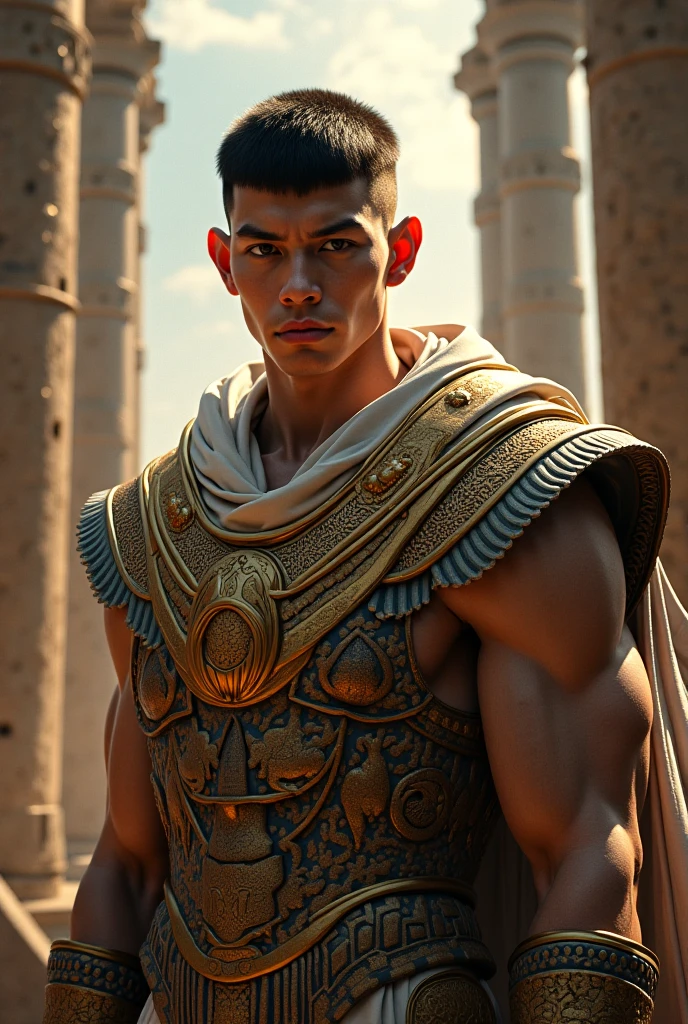 Young man with short blond hair, blue colored eyes, slight smile on your face, two blue marks around the eyes, wearing no shirt, wide blue pants with some details and similar to Arab pants, two gold bracelets with sapphires on the wrists, golden crown with sapphires and similar to a tiara on the forehead, gold necklace with sapphires, standing with arms crossed, a circle made of crystal clear water floating around the head, arab city in the desert, 独奏, Masterpiece artwork, precise, High details, 3D rendering, conceptual artwork, cinematic lighting, macro photography, 真实感,