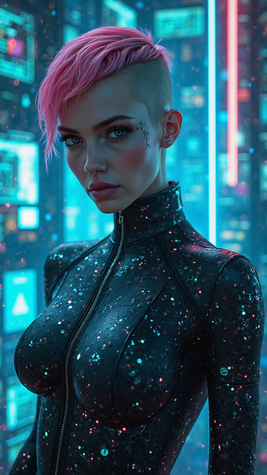 Female cyberpunk hacker (ethnicity:0.8, age:0.9), (detailed clothing:1.3), (detailed accessories:1.3), (facial features:1.2), (expression:1.3), (body type:1.2), (pose:1.3), wearing a sleek, black bodysuit (detailed circuitry:1.3), with glowing, holographic implants (detailed patterns:1.2), (emission:1.2), surrounded by digital screens (detailed code:1.2) and virtual interfaces, (lighting:1.3), cool neon and electric blue hues, (atmosphere:1.1), with a sense of technological prowess, (composition:1.2), portrait style, (perspective:1.1), close-up, looking directly at the viewer, (hair style:1.1), short, shaved, neon-dyed hair, with cybernetic implants, straight-on view, digital elements are detailed and meticulously rendered, (skin texture:1.3), realistic style, (detailed lighting effects:1.3), vibrant, saturated colors, urban setting, glitch background, (code detail:1.3).