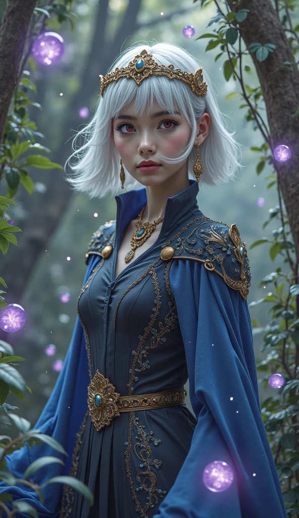 4K, High Quality, realistic, details,pink eyes、 platinum bob hair, beautiful gold tiara from forehead to head, blue and black costume、Earrings, necklace, cloak, floating in the woods with purple orbs in his hands