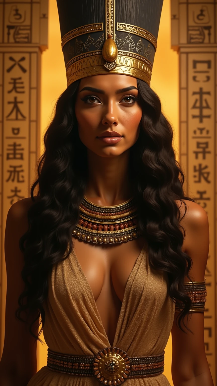 Female Egyptian goddess (ethnicity:0.9, age:0.9), (detailed clothing:1.3), (detailed accessories:1.3), (facial features:1.3), (expression:1.1), (body type:1.2), (pose:1.2), wearing a beaded, gold dress (detailed patterns:1.2), with a ceremonial headdress (detailed jewels:1.2), (shine:1.2), surrounded by hieroglyphs (detailed inscriptions:1.2) and ancient symbols, (lighting:1.1), warm, golden light, (atmosphere:1.3), with a sense of divine power, (composition:1.2), portrait style, (perspective:1.1), front-facing, looking directly at the viewer, (hair style:1.2), styled wig, with ceremonial adornments, full-view, ancient elements are detailed and meticulously crafted, (skin texture:1.3), photorealistic style, (detailed lighting effects:1.3), golden, saturated hues, temple setting, ancient background, (inscription detail:1.3).