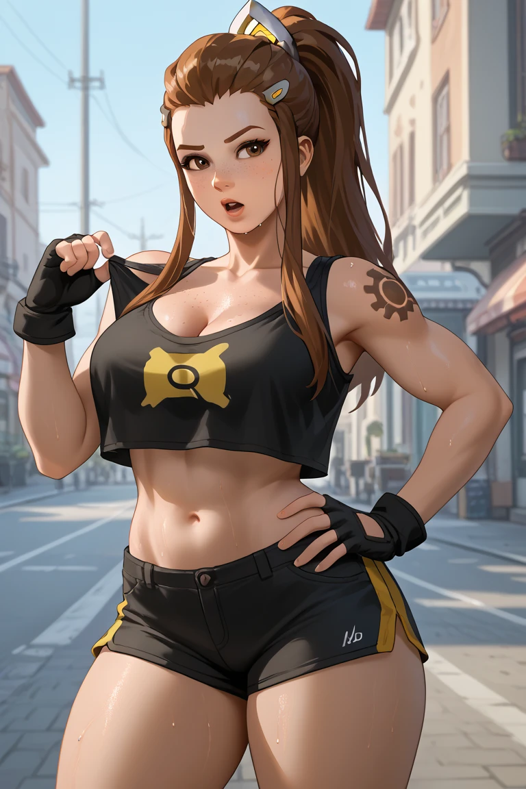 score_9, score_8_up, score_7_up, source_anime, 1girl, solo, (female:1.5), female focus, kyo_nest, brown hair, long hair, brown eyes,   black shirt, blue pants, tight pants, chain, cleavage, off shoulder, sleeveless, fingerless gloves, standing, pout, looking at you, coliseum