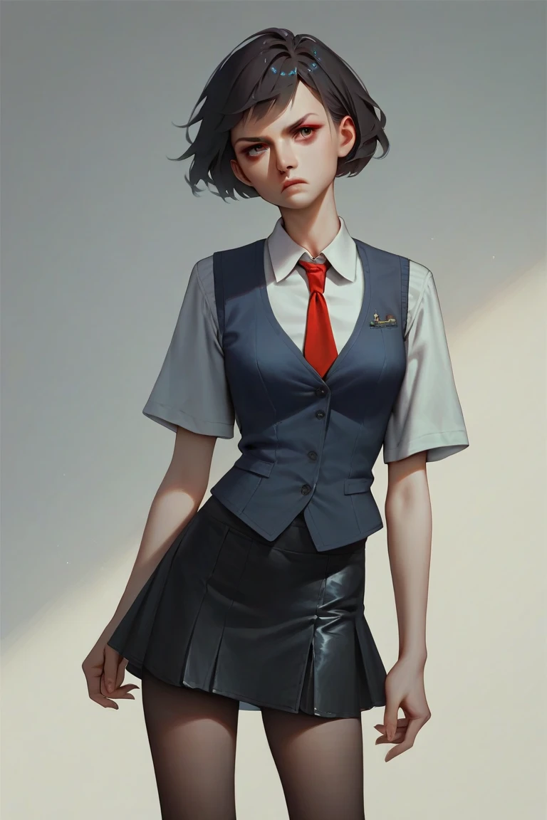 1girl, solo, black_hair, short_hair, red_eyes, serious_expression, white_shirt, black_vest, tie_bow, black_skirt, pantyhose