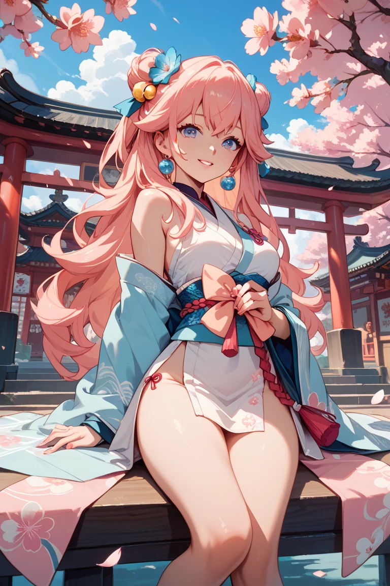 a beautiful young woman, 25 years old, wearing traditional Chinese clothing, standing in an old temple, her medium-length hair flowing, pink hair, her eyes rendered in an anime style, happy, her medium-sized breasts accentuated, captured from a low angle, (best quality, masterpiece, 4k, ultra-detailed), intricate details, vivid colors, dramatic lighting, cool angle, simple background, temple