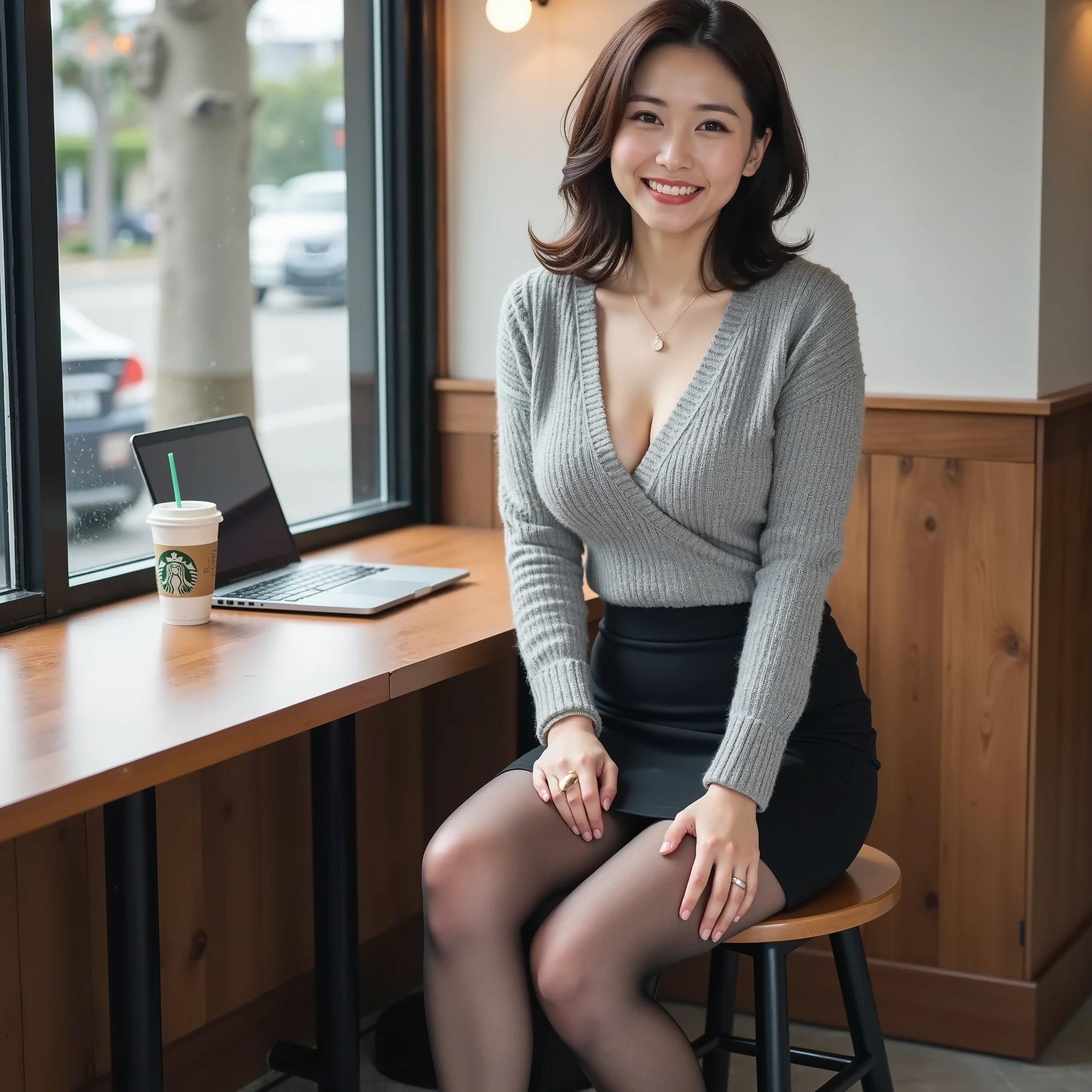 『1 Japanese girl:1.3』『Real Photos:1.3』top quality:1.aggy big breasts、Slender figure 、wet body))、Slightly visible cleavage、(( 40 year old woman))、Beautifully shaped belly button 、I'm not wearing makeup『showing teeth:1.9』、(((anatomically correct、perfect anatomy、anatomically correct指)))、realistic, top quality, Ultra High Resolution, RAW photo, (Narrow waist)、droopy eyes、 plump face、、full body 、 アイドルのような容姿とsmile 、 walking in the background is a cafe 、 Sitting on a stool by the window 、 テーブルにはStarbucksのコーヒーとパソコンがある 、 Starbucks 、 clothes are gray v-neck knit with a black tight skirt and black stockings 、 Sexy female astronaut with long legs crossed 、 black boots 、 Curly long brown hair 、 necklace for 1 person 、 smile 、 Breasts Visible 、