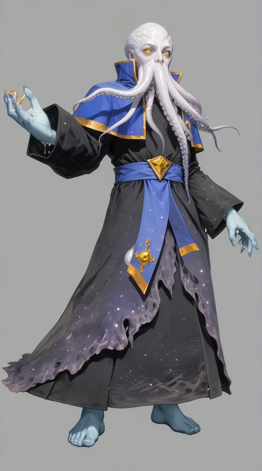 A Lovecraftian Cthulhu-style game character concept design of a humanoid octopus mage, (eldritch horror aesthetic:1.5), (cosmic horror elements:1.4), (pale white octopus head with writhing tentacles:1.5), (multiple facial tentacles with suction cups:1.4), (otherworldly glowing yellow eyes:1.4), (ancient grimoire-inspired dark robes:1.4), (royal blue and gold cultist tabard:1.3), (eldritch symbols and runes on clothing:1.4), (tattered and weathered fabric with cosmic patterns:1.3), (pale inhuman hands with webbing between fingers:1.3), (tentacle-like appendages emerging from sleeves:1.3), (bare blue feet with subtle scales:1.2), (mystical forbidden magic pose:1.3), standing pose against misty gray background, (professional concept art quality:1.5), (character design for dark fantasy game:1.4), high contrast with eerie lighting, (R'lyeh architecture elements in background:1.2), (non-Euclidean geometry hints:1.2), (Mind Flayer meets Cthulhu priest:1.4), full body view, (deep sea color palette:1.3), (madness-inducing details:1.2), (wet glistening texture on tentacles:1.3)