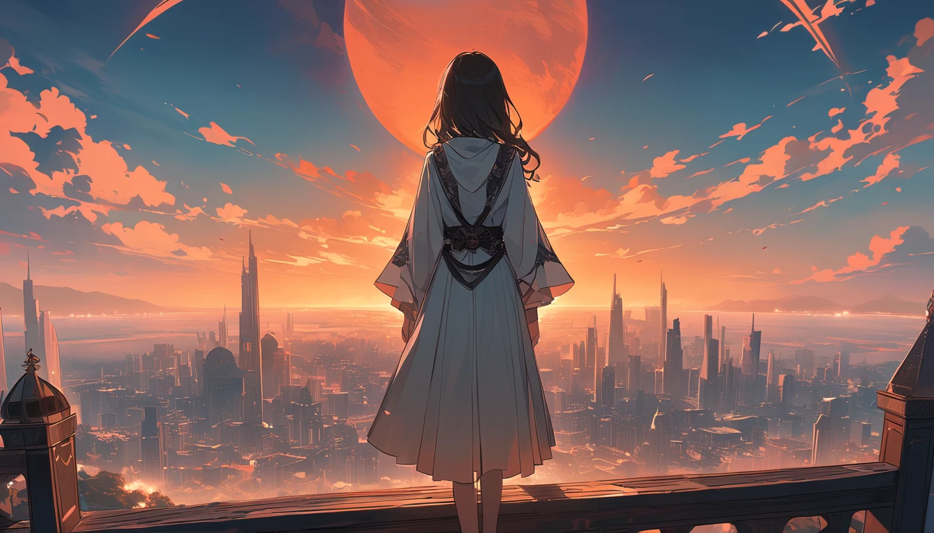 أنيمي girl standing on a fence looking at a city at sunset, beautiful أنيمي scene, atmospheric أنيمي, أنيمي atmospheric, ( ( 新海誠 ) ), 夕日を見つめる. أنيمي, أنيمي background, أنيمي movie background, أنيمي asthetic, أنيمي opening, 新海誠 cyril rolando, أنيمي. by 新海誠, 新海誠作
