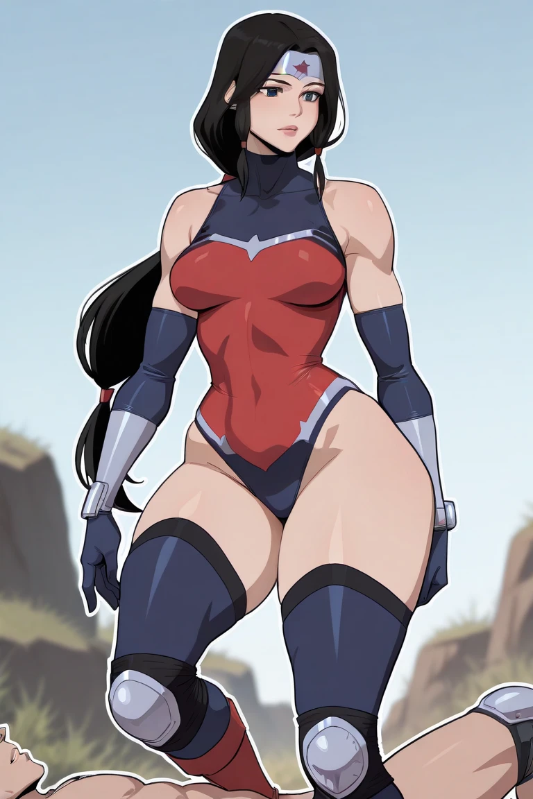 (masterpiece),( best quality), 1girl, long black hair, dark skin, bright hazel eyes, hyper-detailed, perfect body, detailed eyes, beautiful girl, superhero, leotard, war_glam armor, embroidery, tiara, bare legs, gloves, boots, ripped muscles, athletic physique, Looking at viewer, (She has a confident expression, A sarcastic smile)