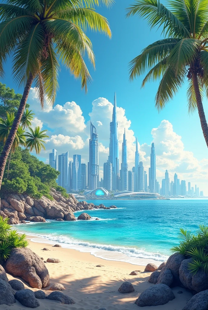 Create the cover for a colorful manga, But don't use characters, Use only a coastal landscape with a technological city far away on the sea 