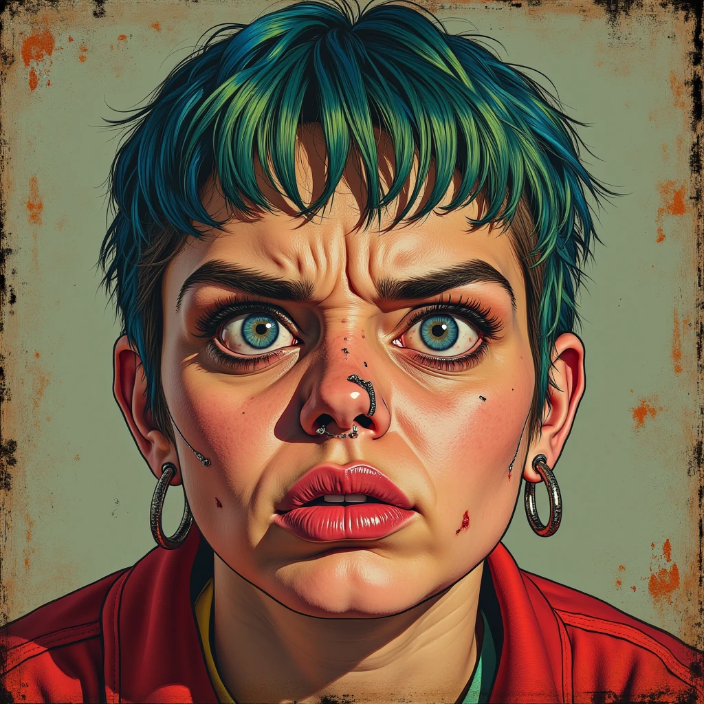 chubby ugly liberal democrat girl, nose ring and lips piercings, blue and green short hair, angry expression, bad complexion, comic font says: ORANGE MAN BAD