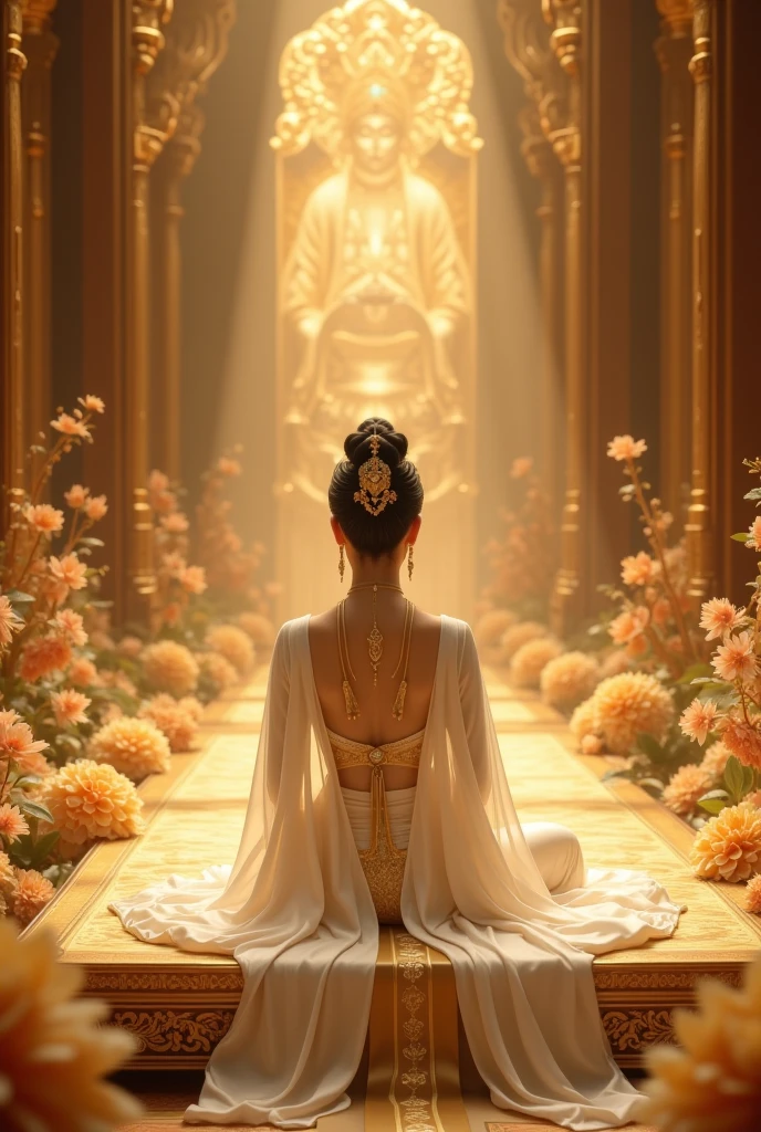 Myanmar queen [wearing gold and white thin Longyi and Htaingmathein, the burmese royal thin white coat which is cornered with the gold, Burmese royal gold ancient headband with gold flower] is comfort on the large gold rectangle table which is surrounded by golden flower in the heavenly palace, [top knot her black hair] [heavenly][milf]