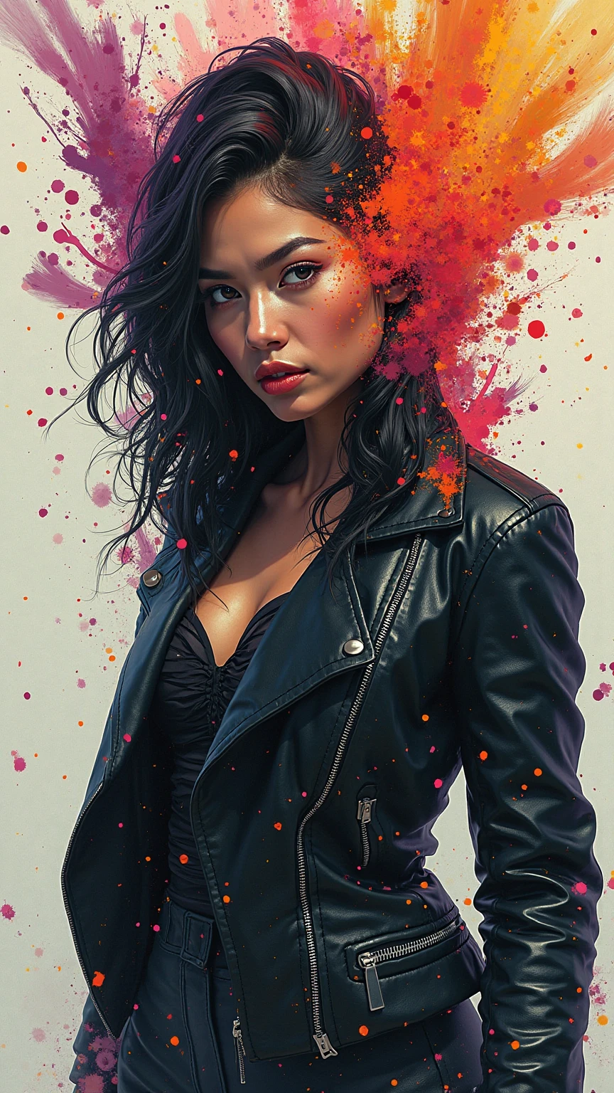 10. A dynamic, waist-up portrait of a woman, her face partially obscured by a chaotic splash of vibrant colors that seem to flow from an unseen source. She wears a sleek, black leather jacket, and her expression is intense and focused. The style merges the gestural energy of action painting with the bold aesthetics of contemporary street art.