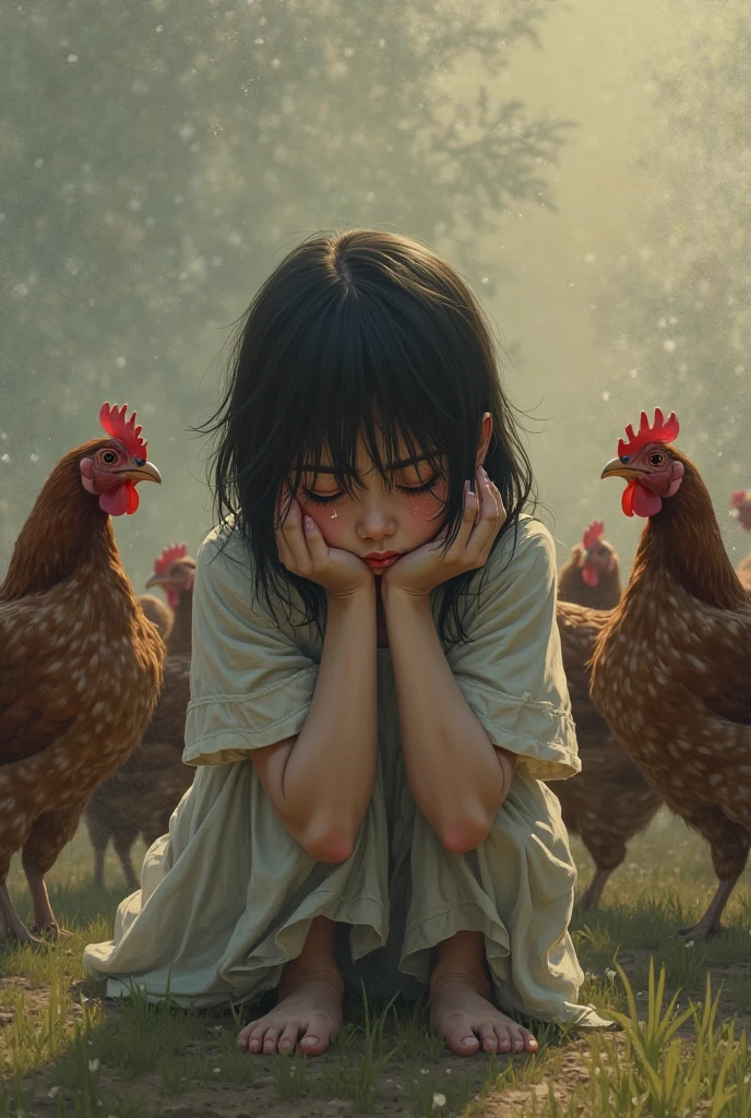 সকাল বেলা মেয়েটি বাকি মুরগীর সামনে কান্নায় ভেঙে পড়ে 