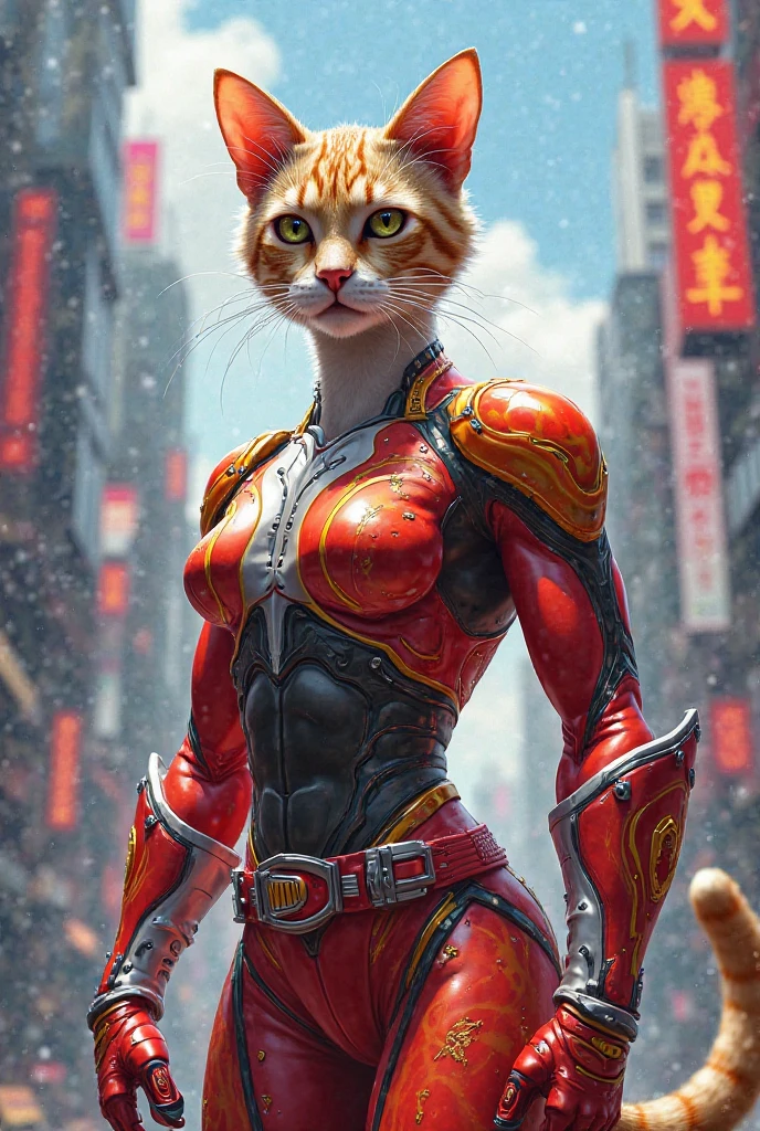 Cat Girl in red-white military latex officer suit