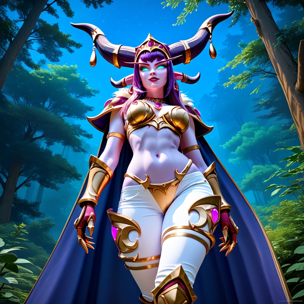 (masterpiece, best quality:1.2), 1girl, solo, full body, white horns, draenei, blue glowing eyes, blue lips, purple short hair, pointy ears, Monara, wearing blue clothes, navel, brown thighhighs, hooves, tail, pelvic curtain, outdoor, grass, daylight forest, hand on hips, holding staff