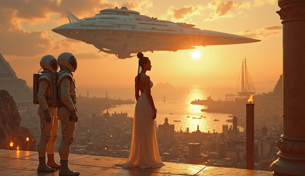 photo quality ultra HD: young, Beautiful, a slim princess like Nefretete stands in an airy tunic on the terrace of her ancient palace in the city of Atlantis and talks to two space astronauts astronauts in cosmonaut suits without helmets. From the terrace you can see a very giant city under the horizon with ancient streets, buildings and visible channels on which small, ancient ships with sails. next above the city hangs flat in the air, space vehicle with lights on the sides. Far on the horizon you can see the ocean. There is a sunset and the city below they illuminate the burning torches.  