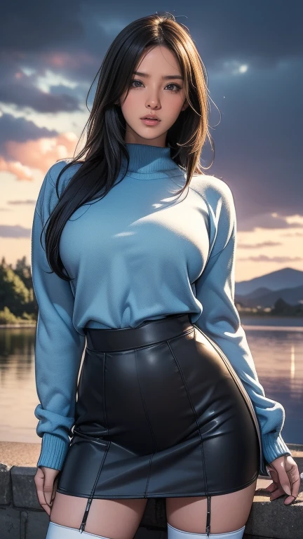 masterpiece, best quality, high res, intricate detail, 1girl, (mature female:1.5), (curvy:1.3), (thick lips:1.4), eye shadow, brown eyes, long hair, black hair, grass, oversized clothes, long skirt, spring, blue sky, walking, lake, hill, sunset, looking at viewer, sunlight, cloudy sky, high detail hair, high detail outfit, high detail hand, high quality iris, high detail eyelash, tone mapping, high detail scenery, soft shading, detailed, semi-realistic, (((wide shot))), landscape,