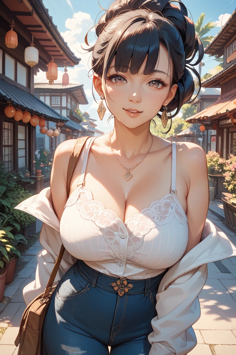 (((masterpiece, best quality))), (((superior quality))), cute girl, ((extremely detailed girl)), ((huge breasts)), yukata, (bare shoulders), strapless top, slight smile, sexy bra