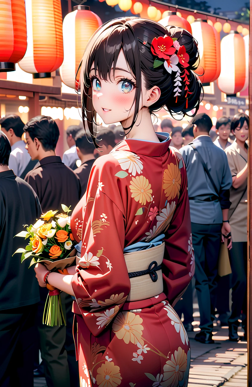 It's because of Rikkata, black hair, blue eyes, Orange scrunch, Wrist Scrunches , smile,blush,close your mouth,side lock,single bun hair,Nape,flower hair ornament, red flower pattern kimono,is standing,Light up fireworks,Red Lantern,Japanese stalls ,night,crowd,holding a yellow bouquet with both arms,destroy the outdoors,  Japanese Festival,
壊す looking at viewer,full body
Break  (masterpiece:1.2),top quality ,Kampala,unity 8k 壁紙,(shape:0.8),( fine, beautiful eyes :1.6),It's a person ,full body photo,CG Details , (perfect hand,Complete ???????),