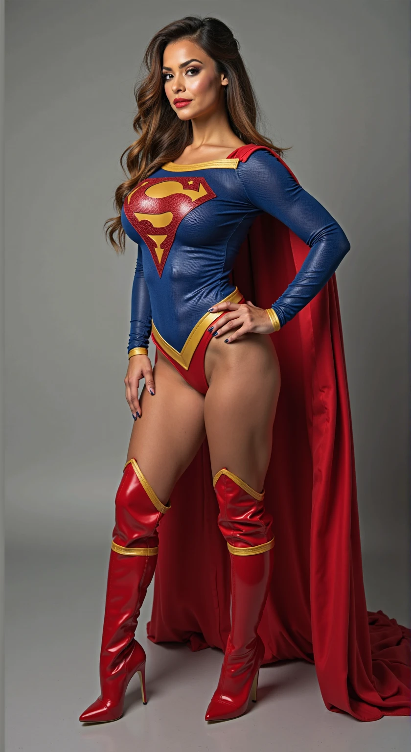 (Eva Mendes), Beautiful sexy woman in Supergirl cosplay costume, Detailed realistic masterpiece in high definition 4k:1.2, uhd, Full length photo, 