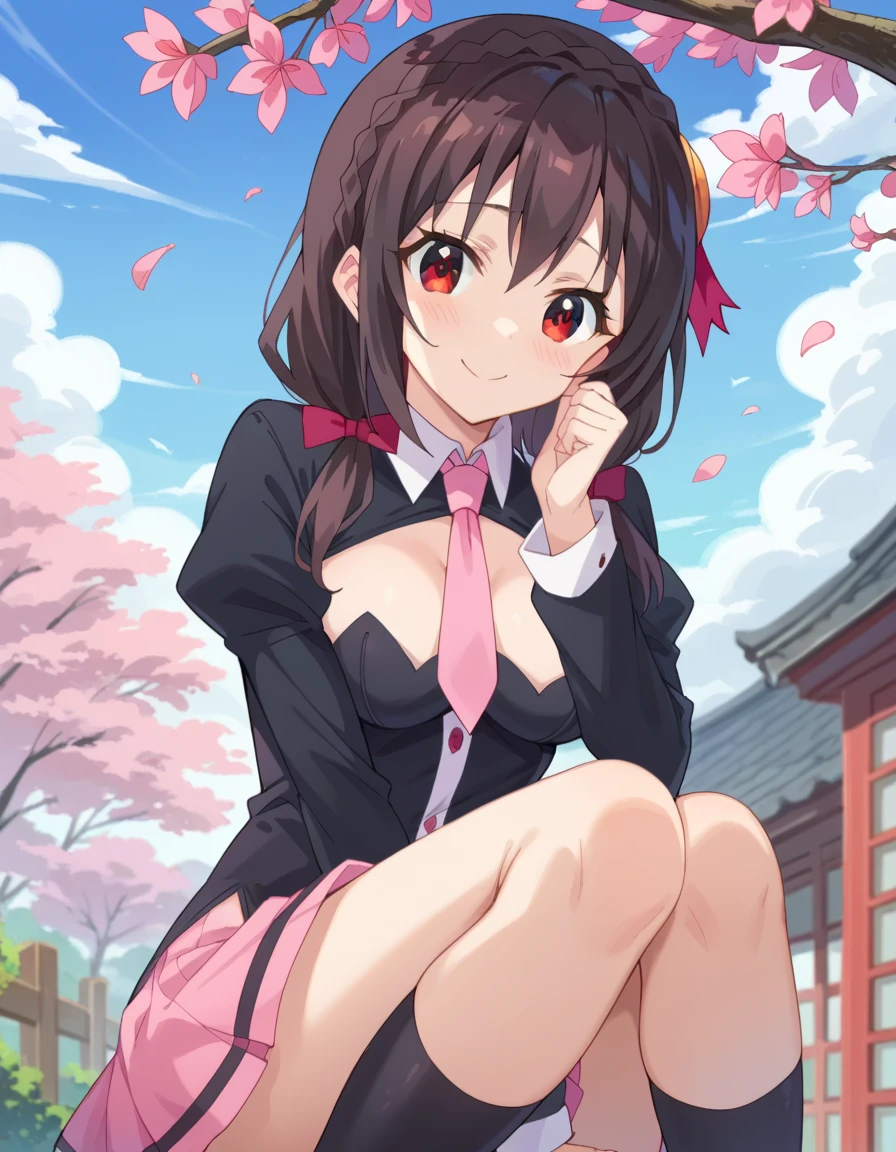 highest quality、High resolution、detailed background、beautiful and detailed face、beautiful and smooth skin、skin texture、professional lighting、Beautiful teenage girl、(huge breasts:1.1)、ピンクのsleevelessセーラー服、white sailor collar、plaid pleated mini skirt、cute編込みヘアスタイル、pink knee high socks、pink knee socks、((cherry blossoms舞い散る木の下に寝そべる))、cherry blossoms、Big tree、大量のcherry blossomsの花びらが舞う、cherry blossomsの花びらを広げて、smile a little sadly、show the whole body、underboob、emphasize cleavage、panty shot、cuteピンクのパンティー、sleeveless、cute