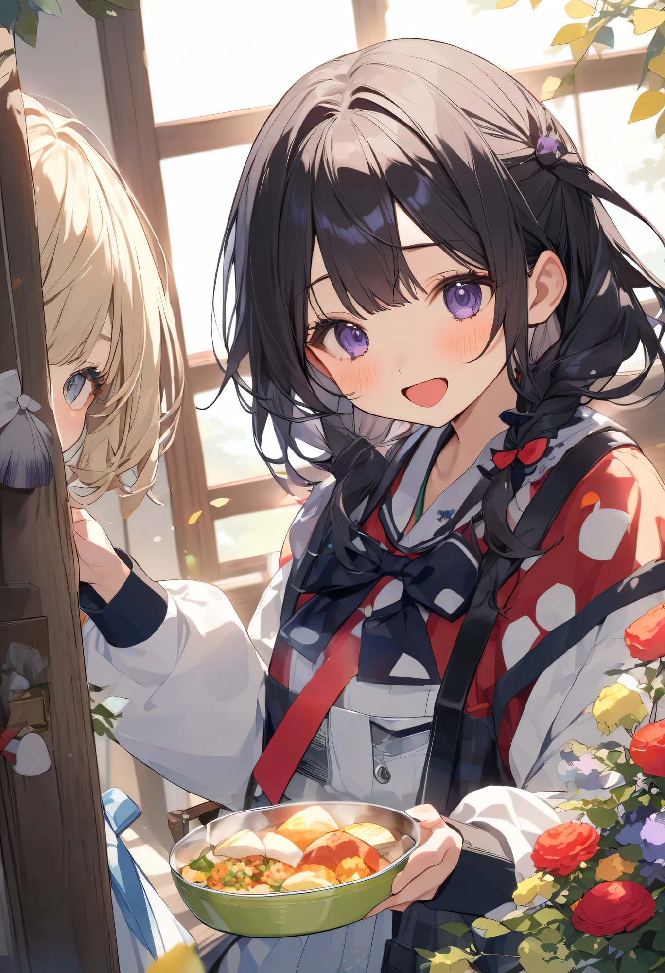 top quality、high resolution、HD、masterpiece、detailed background、beautiful girl、huge breasts、Perfect Body Line、Bright Spring Afternoon Classroom、While soft sunlight shines through the window、Laughing、A white shirt and a light pink cardigan、Playful Atmosphere、mischievous expression、
(, two girls are flipping through their skirts and smiling and showing a teasing gesture:1.5)、
fluffy while the soft sunlight shines through the window、The classroom is full of fun、wearing white ribbon socks and loafers、Fluffy Atmosphere、Plaid pleated skirt、Tying a small ribbon tie、wearing pleated skirts、 Cute High School Students in Uniforms、A warm and refreshing scene depicting a youth prank、Wearing a dark blue blazer on the shoulder、cute