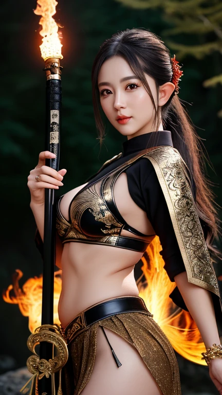 A Korean man in Protoss style, wearing black and golden batik, sitting with her legs crossed on rock, hands in namaste position, Her face is a masterpiece of fine detail, her face is cracked and partially broken, revealing the face of a young Korean man hidden in the old skin, with a smirks. there were cracks and skin shards falling off to the ground. mysterious forest mist as background, sparkling fire and smoke, movie epic