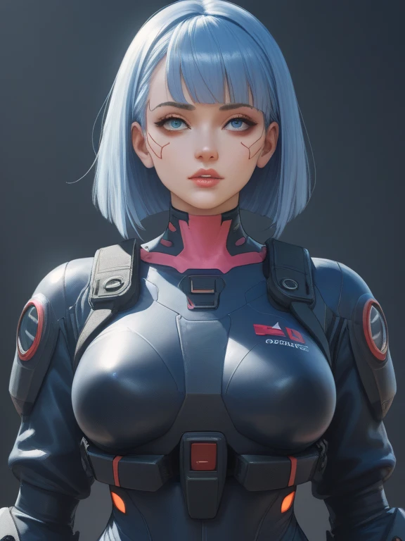  Ultra HD，Two-dimensional 3D style，cyberpunk mecha style female swordsman，tight full-package combat suit，Exaggerated waist-to-hip ratio， European and American faces，, slender ，Half-length portrait， charming expression ，Closer up the camera，slightly sci-fi prosthetic，Fully Armed，huge oppai
