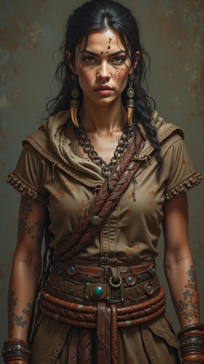 8. A powerful, three-quarter portrait of a woman, her face scarred but her gaze unwavering. She wears a rugged, leather tunic adorned with tribal markings and bone jewelry, and her hair is pulled back in a tight, practical style. Her posture conveys resilience and determination. The style combines the raw realism of Lucien Freud with the symbolic power of ancient tribal art.