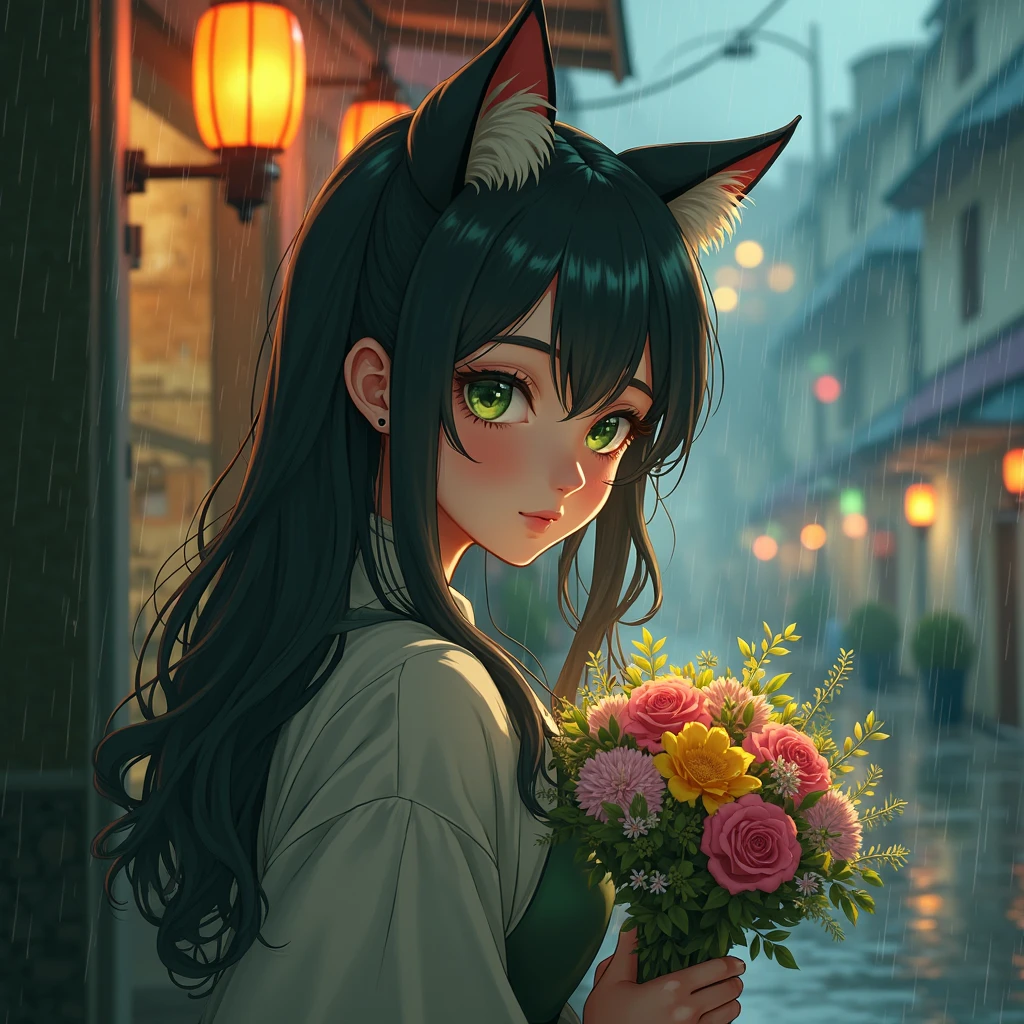 (best quality,8k,highres, masterpiece:1.2), (Anime Style),Highly detailed, high dynamic range, is super accurate, studio lighting effects, Full screen,   with sharp focus , She has green artificial nails, extreme detailed description, Professional , bright colors, Bouquet , Personal photos,  Concept artists , warm color palette,  dramatic lighting,Heavy rain, rain, raindrops, a cat taking shelter from the rain under the eaves, Cat stares at bystanders.(on the side of the show),