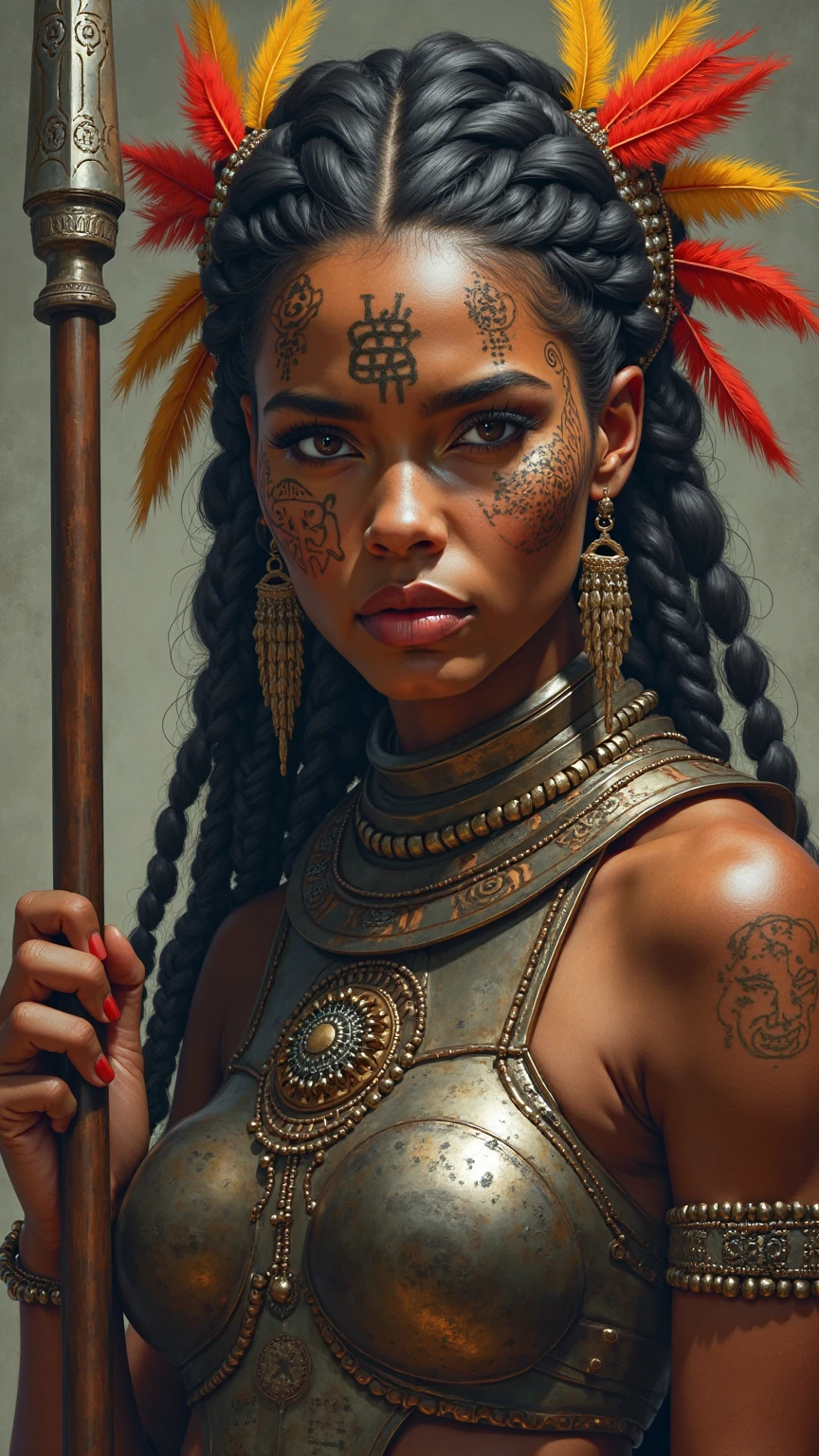 9. A powerful, three-quarter portrait of a woman, her face marked by tribal tattoos and her gaze direct and challenging. She wears a heavy, metallic breastplate and carries a spear, projecting strength and warrior spirit. Her hair is braided tightly, adorned with feathers. The art is influenced by the powerful portraits of Kara Walker and the tribal symbolism of African art.