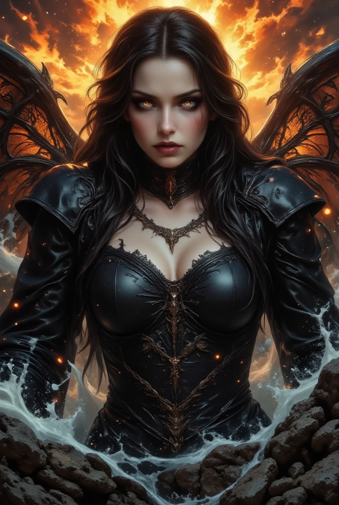 hyper HD,Raised sexy,A mature woman,Dragon's Horn,Large breasts,Bat wings,(Medium portrait:1.8),With volcano as background,Hellfire,mystic symbols,magia,theatrical