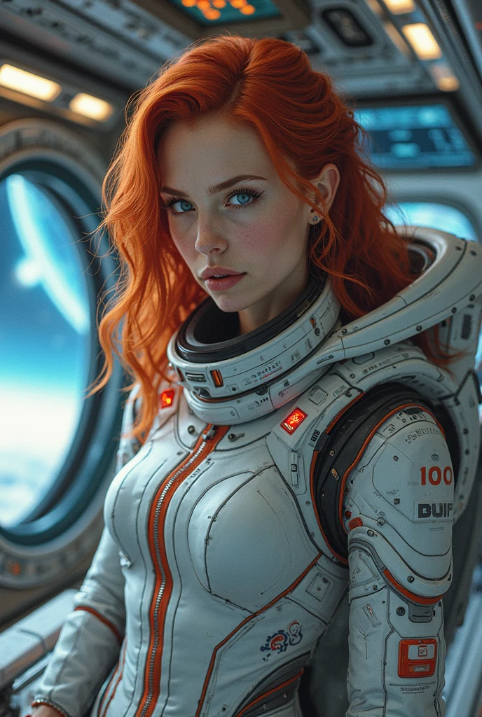 redhead girl with long hair and blue eyes in space clothes on a spaceship