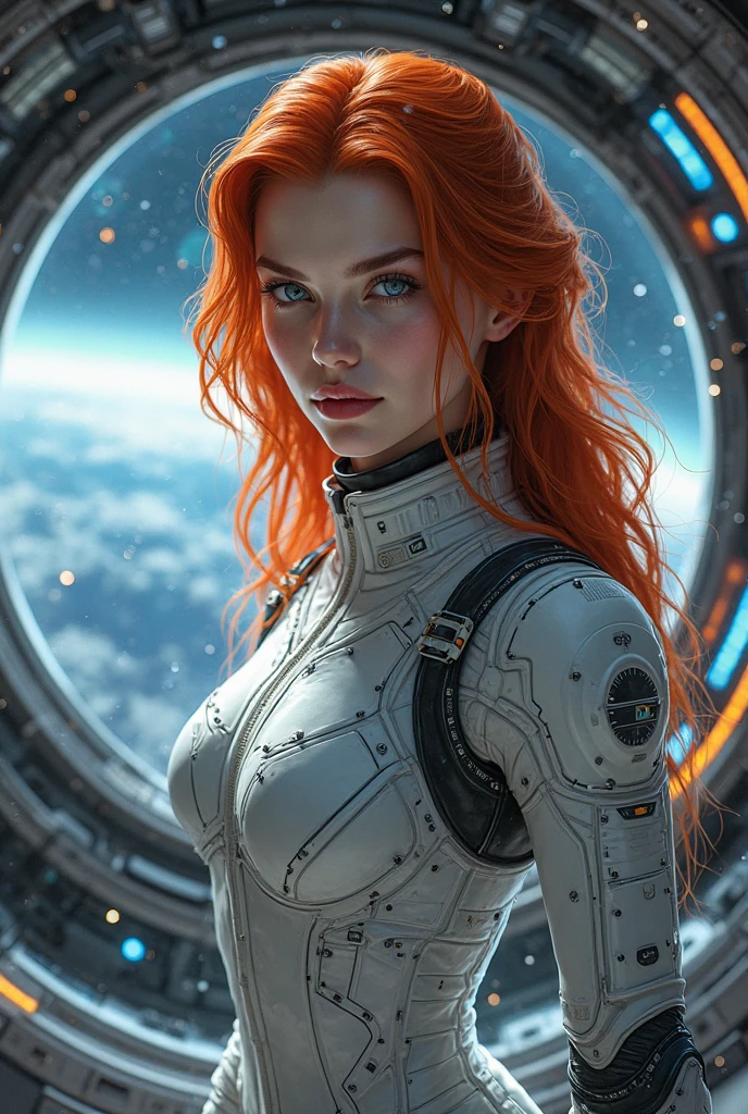 redhead girl with long hair and blue eyes in space clothes on a spaceship