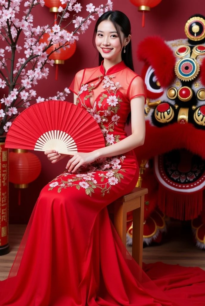Front view of a Chinese palace in the garden of the Qing Dynasty、A 39-year-old woman is wearing a Manchu dress with a flashy red floral pattern. The front of the Manchu dress is open all the way down to the bottom, exposing her large breasts and revealing her hairy pubic hair. Her hair is decorated with flashy flowers and large flowers on both sides.、A sexy woman with big breasts, her hair tied up and pulled up, her back hair pulled up, and her hands clasped behind her head