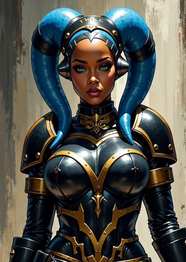 ((Radiant Aura:1.7)), 8k ((full back view:1.4))((below view:1.7)) (large eyes:1.3), defined cheekbones, looking back, ((the pit style:1.4))((sleek chrome bodysuit:1.6)) ((zentai bodysuit:1.6)), ((visor))((intricate metal details:1.4))detailed face:1.5), lightblue skin,(puffy lips:1.5) (lightblue skin:1.6), (bald woman:1.7), (skinhead) ((sexy pose)),(Muscular:1.3), ((gigantic breasts:1.5)), )highly detailed, majestic, digital photography, art by artgerm and ruan jia and greg rutkowski, ((metal shoulder pads:1.2)), (masterpiece), sidelighting, intricate details, black and blue color palette