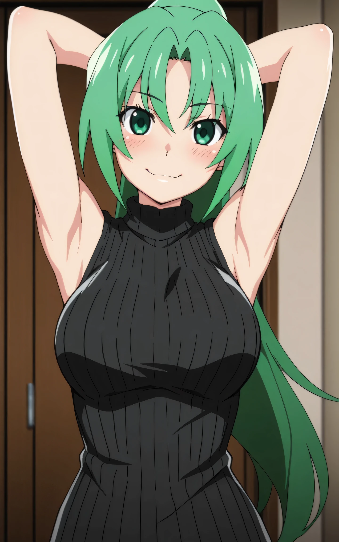 masterpiece, best quality, amazing quality, anime screencap, anime coloring, 1girl, solo, Mion Sonozaki (character), sonozaki mion, long hair, green hair, green eyes, ponytail, black sweater, sleeveless sweater, ribbed sweater, turtleneck, sleeveless, bare shoulders, bare arms, arms behind head, armpits, head towards viewer, looking at viewer, smile, blush, closed mouth, (front light:1.1), indoors,