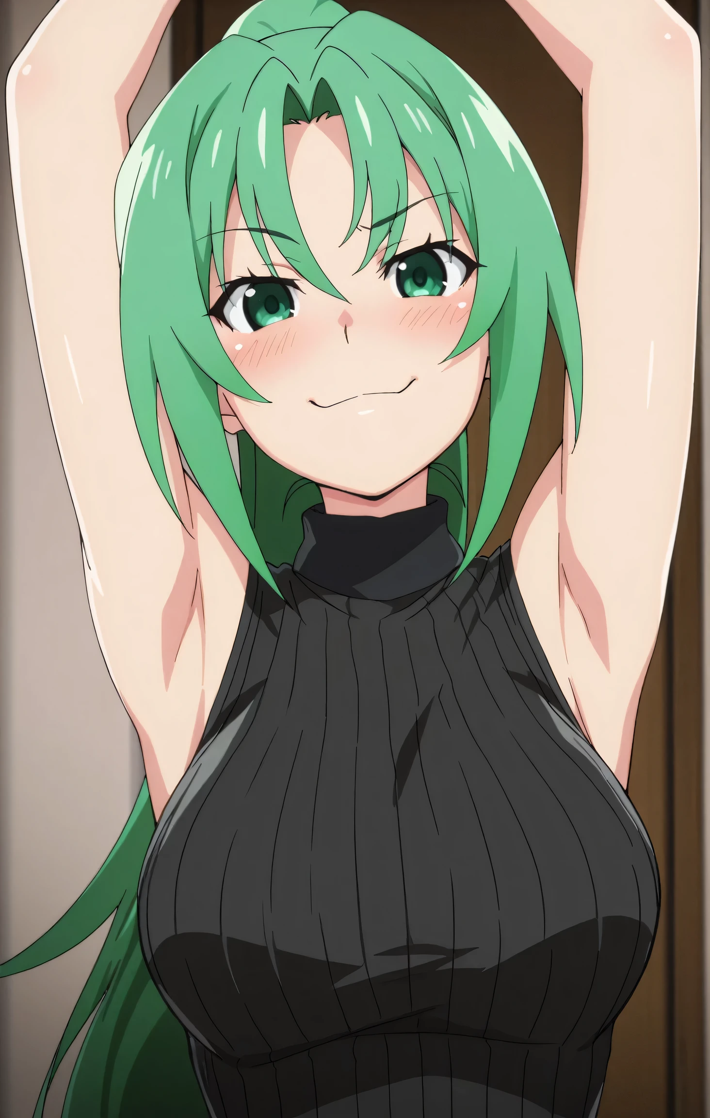 masterpiece, best quality, amazing quality, anime screencap, anime coloring, 1girl, solo, Mion Sonozaki (character), sonozaki mion, long hair, green hair, green eyes, ponytail, black sweater, sleeveless sweater, ribbed sweater, turtleneck, sleeveless, bare shoulders, bare arms, arms up, raised arms, armpits, head towards viewer, looking at viewer, smile, smug, blush, closed mouth, (front light:1.1), indoors,