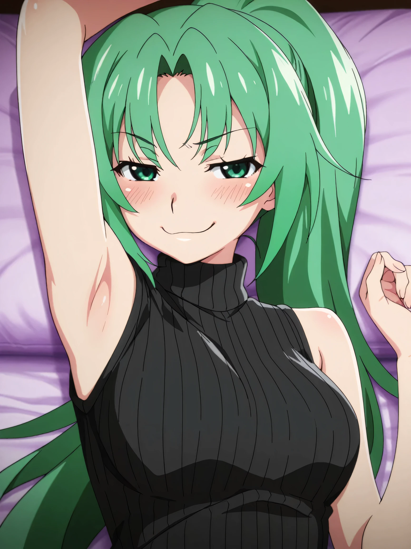 masterpiece, best quality, amazing quality, anime screencap, anime coloring, 1girl, solo, Mion Sonozaki (character), sonozaki mion, long hair, green hair, green eyes, ponytail, black sweater, sleeveless sweater, ribbed sweater, turtleneck, sleeveless, bare shoulders, bare arms, arm up, raised arm, armpit, armpit focus, head towards viewer, looking at viewer, half-closed eyes, smug, smile, blush, closed mouth, (front light:1.1), lying in bed