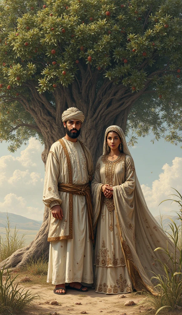 
3 sister in hijab and a men in islamic dress and background is a tree