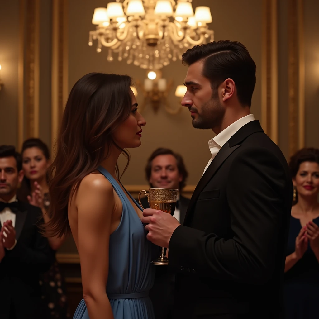 Woman, brunette in evening dress, holding a drink next to a guy in a suit at a fancy party, real photografic
