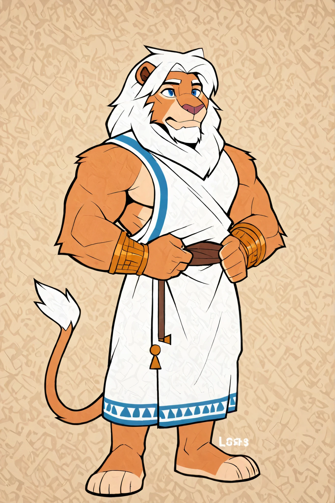 lion, furry, male focus, muscular, white long hair, white beard, blue eyes, white tunic, Greek style, similar to Zeus, full body