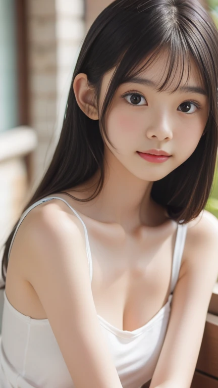 One Girl,Very cute girl at 16 years old,Big eyes:0.5,The face is facing straight ahead,Body facing forward,Beautiful nose,Fuller lips,Short black hair,ponytail,Detailed eyelashes,Thin eyebrows,Symmetrical eyes,Face close-up,White swimsuit,Portrait,View Viewer, half smile:0.5,